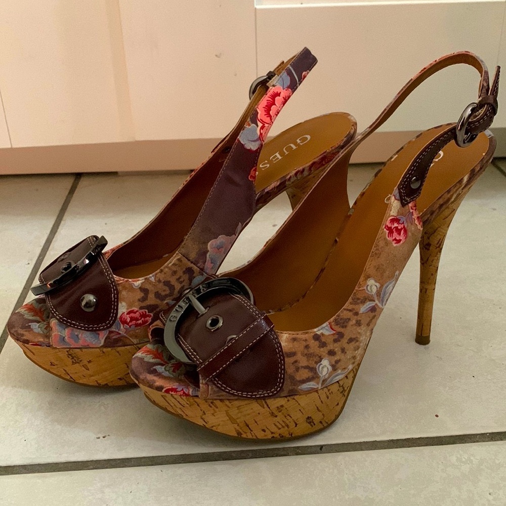 Guess Floral Cork platform heels